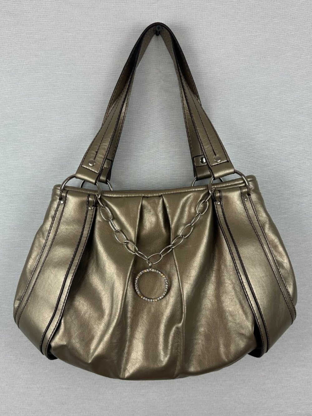 VINTAGE NINE & CO. METALLIC SHOULDER TOTE BAG, CHAMPAGNE GOLD, FAUX LEATHER